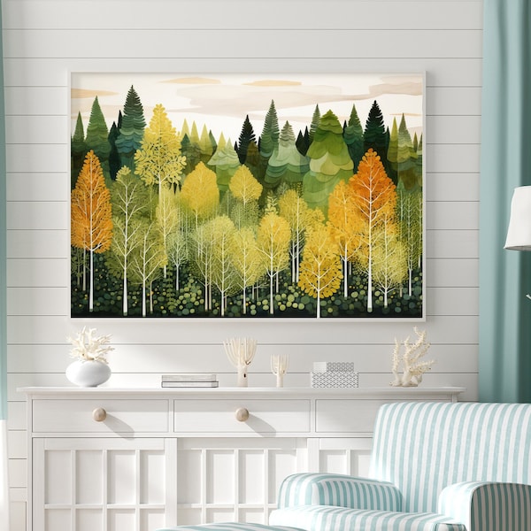 Large Forest Wall art, Pine Forest Painting, Scandic home Decor, Nordic Forest, Modern Cabin Decor, Lake House Art Prints, Calming Wall Art