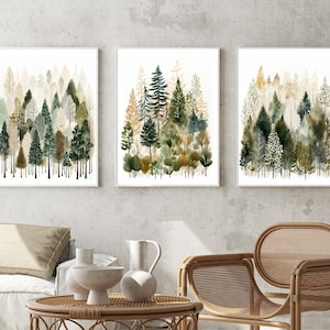Nordic Pine Forest Painting Gallery wall set of 3 Art Prints, Modern Cabin Decor, Nordic artwork, Scandinavian Style Restful Wall Art