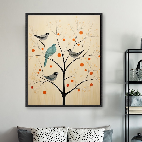 Folk Art style Bird Print, Scandi style Wall art, Swedish Kitchen Wall art, Nordic Art, Colourful Retro Bird Art, Mid Century Modern Decor