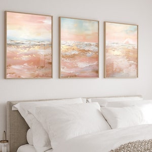 Set van 3 strandafdrukken, perzikroze en goud abstract kustdecor, strandhuisdecor kustwoonkamer, hedendaags decor Hamptons