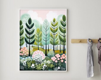 Scandic home Decor, Pink and Green Forest Wall art, Pine Forest Painting, Nordic Forest, Modern Cabin Decor, Colourful Lake House Art Prints