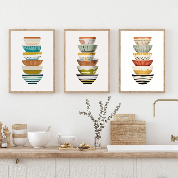 Kitchen Gallery wall set of 3 Art Prints, Set of Mid Century Modern Bowls, Retro Scandinavian Design, Kitchen Wall Art, Scandi Kitchen Art