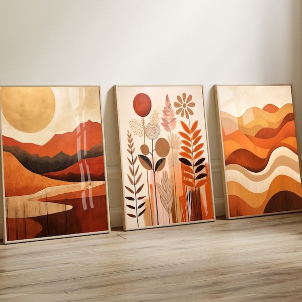 Gallery Wall Set of 3 Prints in warm earth tones, DIGITAL DOWNLOAD, neutral boho decor, minimalist abstract art prints, burnt orange gold