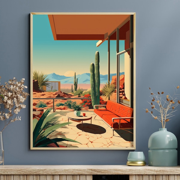 Mid Century Modern Print of Desert Landscape And Ranch House with pool, DIGITAL DOWNLOAD, Palm Springs Vintage Retro style decor wall art