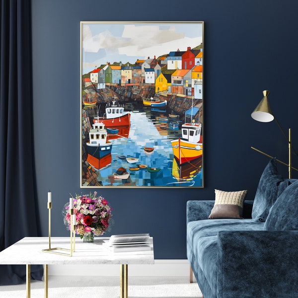 Large Coastal Wall art, Cornish Harbour poster Lobster Boats Seaside Art Print, cornish coast gift idea, Colourful Harbour view, Home Decor