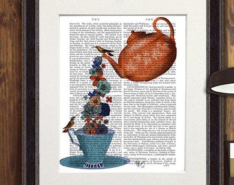 Teapot print & Flowers Orange Blue Teapot drawing teapot illustration teacup print teacup wall art kitchen art hostess gift idea mothers day