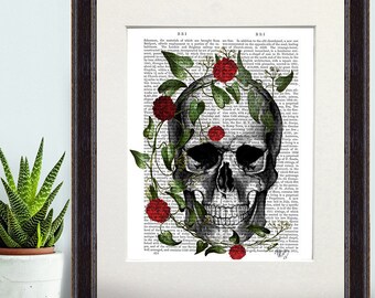 Skull print, Vine and flowers, Skull and rose, Digital Illustration, Skeleton decor, Halloween wall art, Gothic gift, Dark art boys room