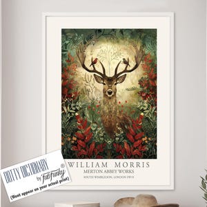 William Morris style Deer print, William Morris Stag poster, Woodland Illustration, Vintage style Botanical, large wall art forest animal