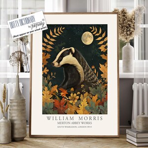 William Morris style print, William Morris poster, Badger Illustration, Vintage style Botanical poster, Woodland William Morris wall art