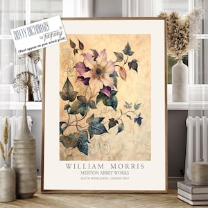 William Morris Style Floral print, Clematis Flower poster, Large vintage wall art, nature Illustration, Botanical home decor