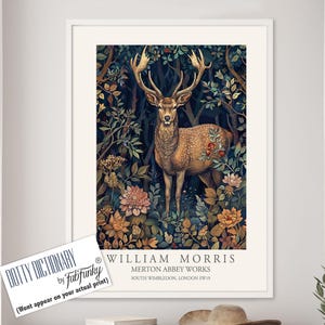 William Morris style Deer print, William Morris Stag poster, Woodland Illustration, Vintage style Botanical, large wall art forest animal
