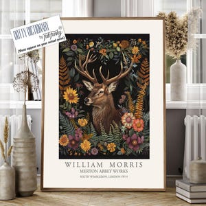 William Morris style Deer print, William Morris Stag poster, Woodland Illustration, Vintage style Botanical, large wall art forest animal