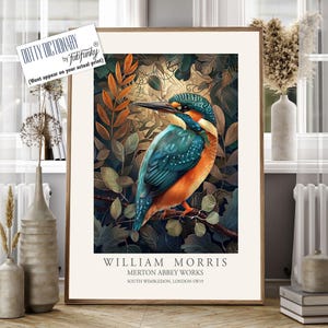 William Morris style bird print, Kingfisher Illustration, William Morris poster, Large Vintage style wall art, Wildlife nature lover decor