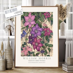 William Morris Style Floral print, Clematis Flower poster, Large vintage wall art, nature Illustration, Botanical home decor