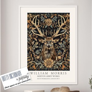 William Morris style Deer print, William Morris Stag poster, Woodland Illustration, Vintage style Botanical, large wall art forest animal