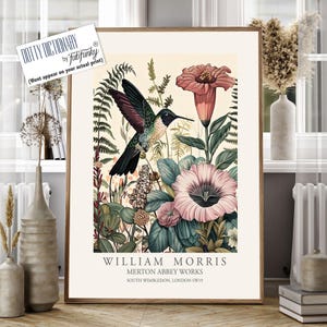 William Morris style bird print,  William Morris Hummingbird poster, Large Vintage wall art, Wildlife nature lover Illustration elegant art