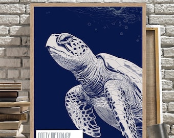 May include: A framed art print with a detailed illustration of a sea turtle in white and grey against a dark blue backdrop. The print includes the text "DOTTY DICTIONARY by fabfunky".