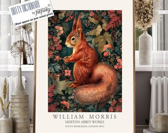 William Morris Style Red Squirrel Print, Botanical Woodland Art
