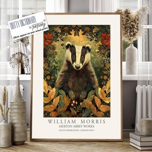 William Morris style print, William Morris poster, Badger Illustration, Vintage style Botanical poster, Woodland William Morris wall art