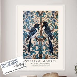 William Morris style bird print, Magpie Illustration, William Morris poster, Large Vintage style wall art, Wildlife nature lover décor