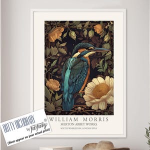 William Morris style bird print, Kingfisher Illustration, William Morris poster, Large Vintage style wall art, Wildlife nature lover decor