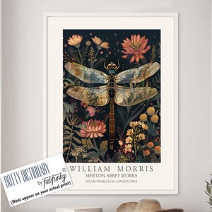 Dragonfly Print, William Morris style Illustration, William Morris Floral poster, Vintage style Botanical, dragonflies insect wall art gifts