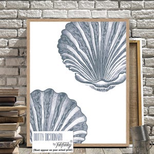 Modern Coastal Home Art Print, Indigo Blue White Scallop Seashell minimalist Wall Art, Nautical Bathroom, beach house decor, Under Water