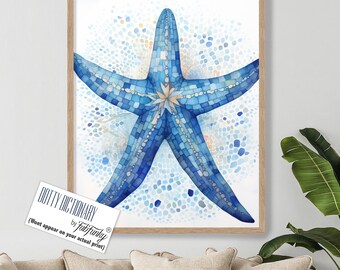 Blue Starfish Art Print, blue and white Starfish Wall Art, Coastal Home Bathroom wall Decor, Beach cottage home nautical prints