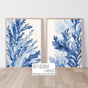 Set of 2 Seaweed Watercolour Art Prints, Blue Seaweed Wall art, Modern coastal home Wall Art, Minimalist Coastal Decor, Coral Prints