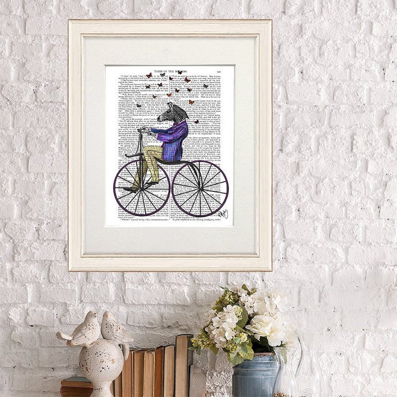 Zebra anthropomorphic bicycle art, Funny animal print, Cycling gift, Jungle nursery, Butterflies wall art, Wildlife picture, Colorful decor 