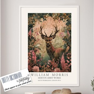 William Morris style Deer print, William Morris Stag poster, Woodland Illustration, Vintage style Botanical, large wall art forest animal