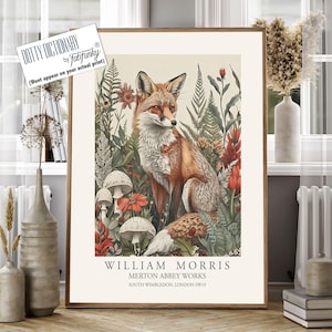 William Morris style print, William Morris poster, Fox Illustration, Vintage style Botanical poster, Woodland William Morris wall art animal