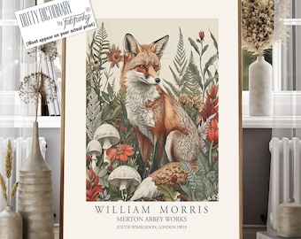 Afdruk in William Morris-stijl, William Morris-poster, Fox Illustration, Botanische poster in vintage-stijl, Woodland William Morris-muurkunst dier