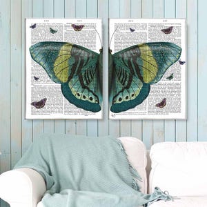 Schmetterling Druck Diptychon Leinwand Sammlung von 2 Drucken Schmetterlinge Wand Kunst Große fette Leinwand Grün Raum Dekor Blaugrün Dekor Buntes Plakat