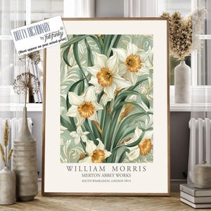 William Morris Style Floral print, White Daffodil Flower poster, Large vintage wall art, nature Illustration, Botanical home decor