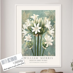 William Morris Style Floral print, White Agapanthus Flower poster, Large vintage wall art, nature Illustration, Art Nouveau Home Deco