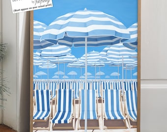 Stampa artistica con ombrelloni blu da spiaggia, arredamento moderno in stile costiero.