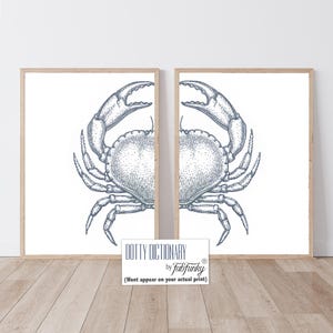 Modern Coastal Home Crab Art Prints, Set of 2 Indigo Blue White minimalist Wall Art, Maryland Crab Print, Blue Crab Decor, Bathroom wall art