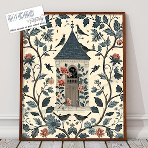 Ilustración de palomar, impresión de pájaro estilo William Morris, póster de casa de pájaros Art Nouveau, arte de pared de estilo vintage grande, amante de la naturaleza y la vida silvestre