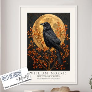 William Morris style bird print, Crow and Moon Illustration, William Morris poster, Large Vintage style autumn wall art, gothic raven decor