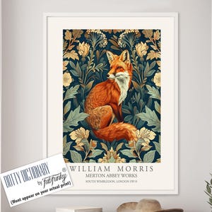 William Morris style print, William Morris poster, Fox Illustration, Vintage style Botanical poster, Woodland William Morris wall art animal