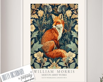 Afdruk in William Morris-stijl, William Morris-poster, Fox Illustration, Botanische poster in vintage-stijl, Woodland William Morris-muurkunst dier