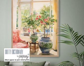 Chinoiserie Ginger Jar Watercolour Art Print, Pink and Green Decor, Whimsical Grandmillenial Art Print