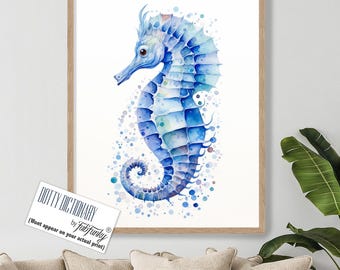 Blue Seahorse Print, Watercolour Seahorse Art Poster, Coastal Home Decor, Nautical Canvas Prints, Ocean Animals Painting, nautical bathroom