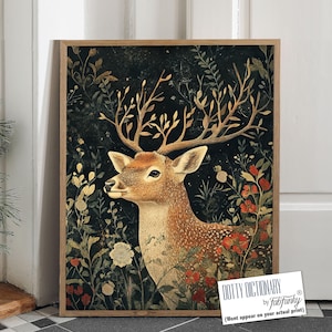 Impresión de ciervo para pared, póster estilo William Morris, póster botánico estilo vintage, animal del bosque, regalo para amantes de los ciervos, floral oscuro y melancólico