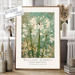 William Morris Style Floral print, White Agapanthus Flower poster, Large vintage wall art, nature Illustration, Art Nouveau Home Deco