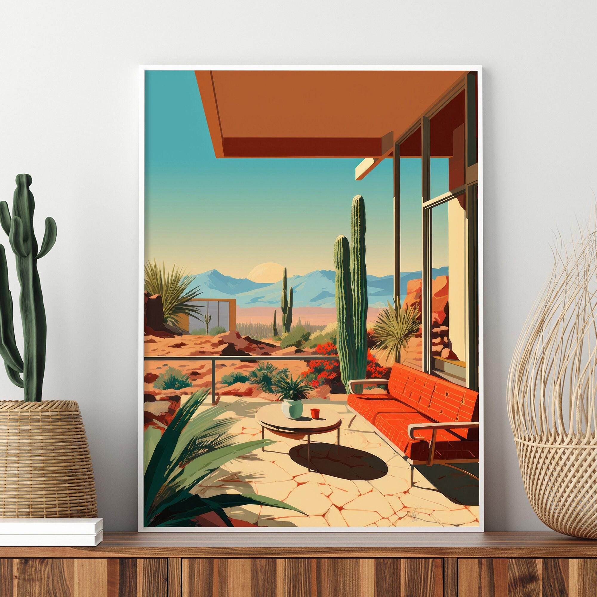 Mid Century Modern Print of Desert Landscape and Ranch House With