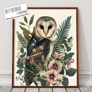 Owl Art Print, William Morris style garden bird print, Large Romantic Vintage style wall art, Wildlife nature lover, large pink floral decor