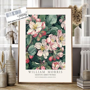 William Morris Style Floral print, Apple Blossom Flower poster, Large vintage wall art, nature Illustration, Pink White home decor