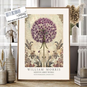 William Morris Style Floral print, Lilac Allium Flower poster, Large vintage wall art, nature Illustration, Purple Art Nouveau Home Deco